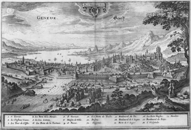 Engraved bird’s-eye view of the walled city of Geneva beside its lake